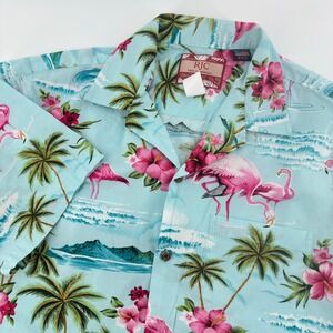 RJC Hawaiian Tropical Floral Camp Shirt Flamingo Palm Tree Mens M Vacation